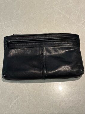 Vintage Seville Genuine Black Leather Foldover Clutch Bag Plaid Lining